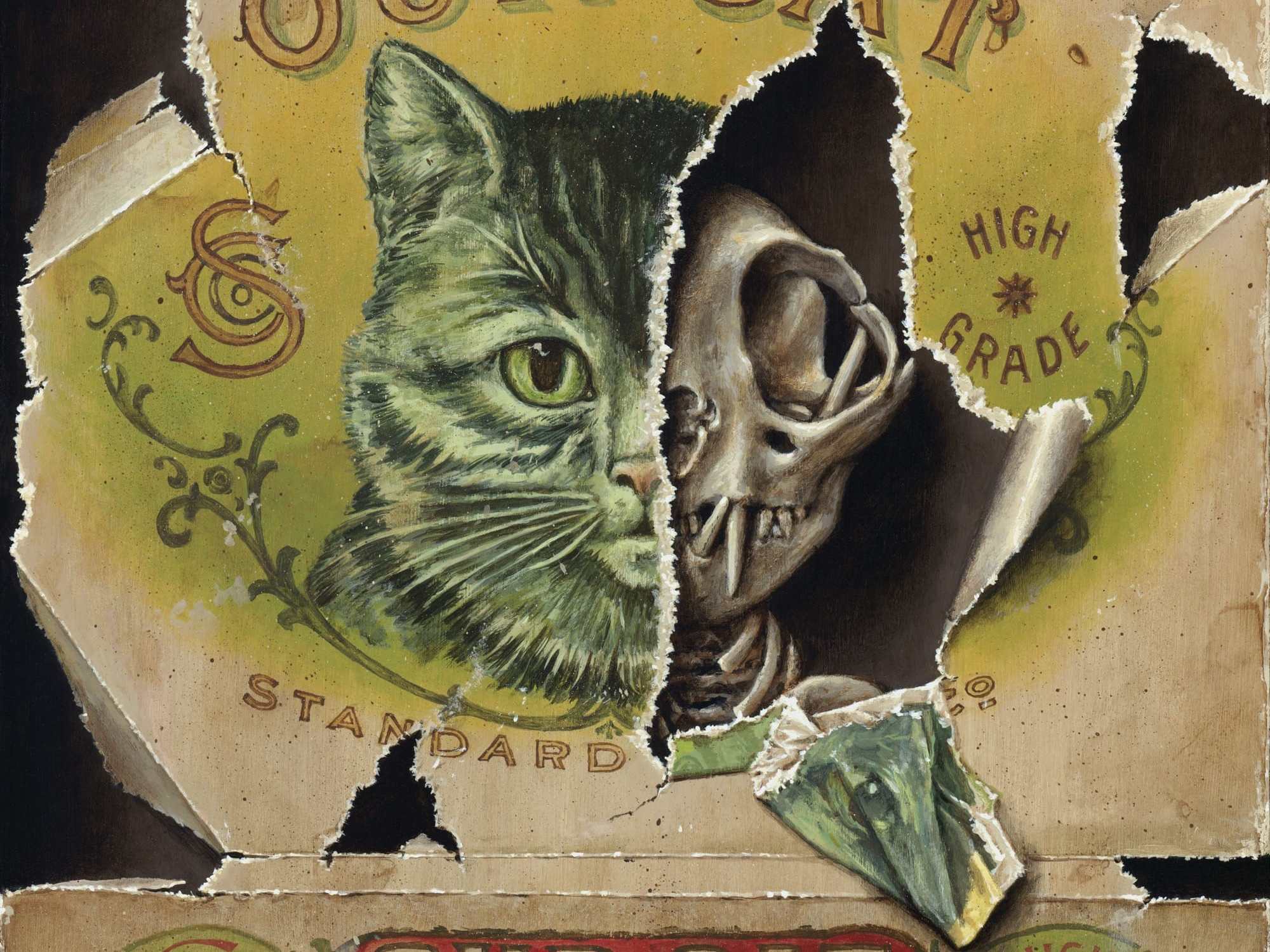 Jason Limon trompe-l'oeil painting revealing skeletal figures behind a vintage illustration