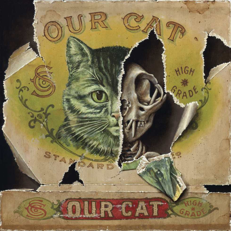 Jason Limon trompe-l'oeil painting revealing skeletal figures behind a vintage illustration