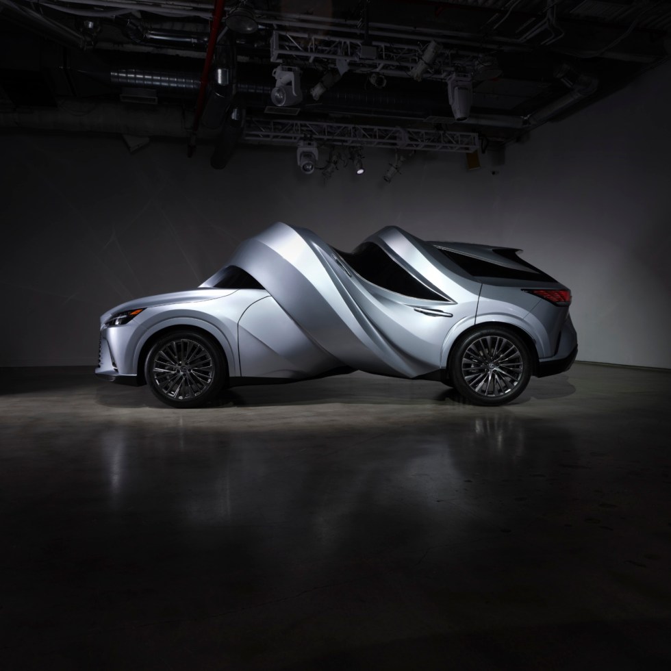 MSCHF's Twisted Car, a Lexus SUV spiralled along its length, on show at Chelsea Industrial