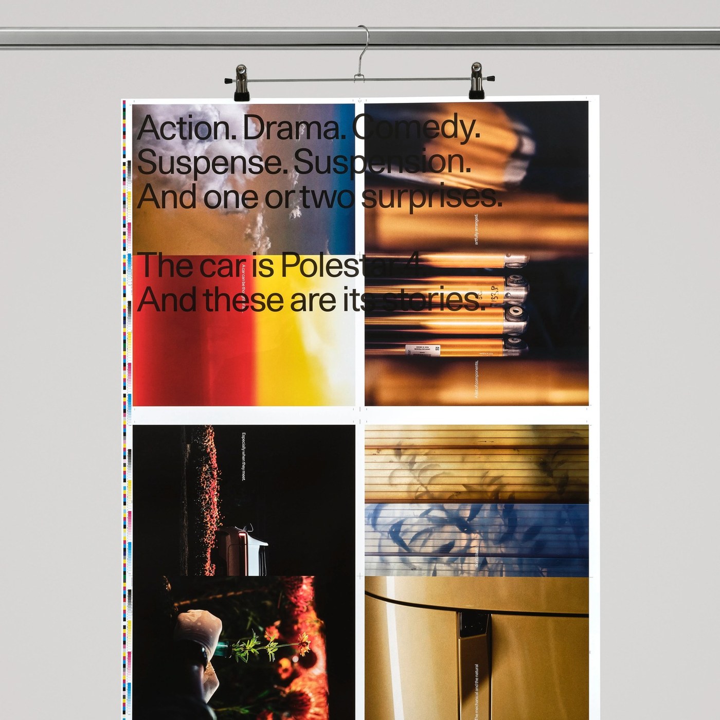 Posters printed over press make-ready test sheets from the Polestar 4 Design Book